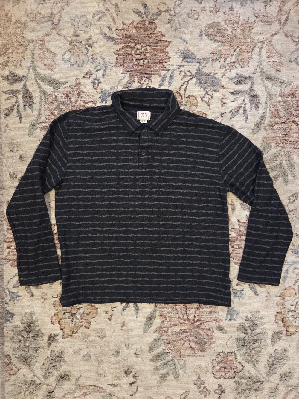 BDG Men's Dark Gray Striped Long-Sleeve Polo Short
